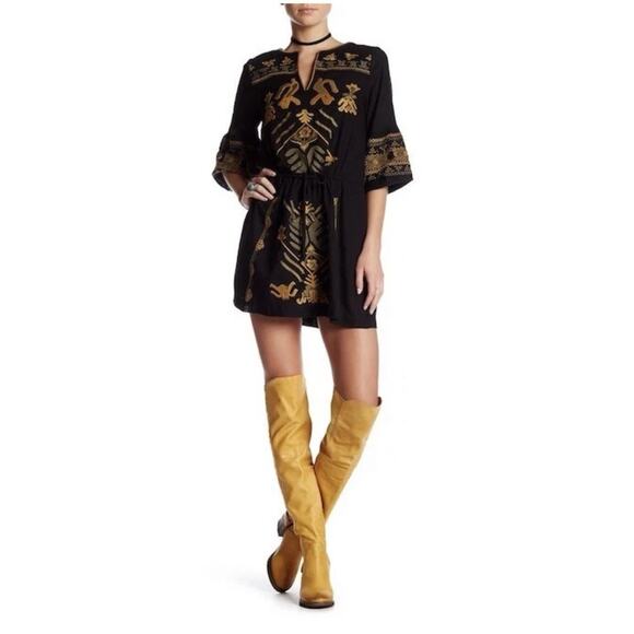 $168 Free People Anouk Black Combo Gold Olive Embroidered Mini Dress‎ S Bohemian - Picture 2 of 10